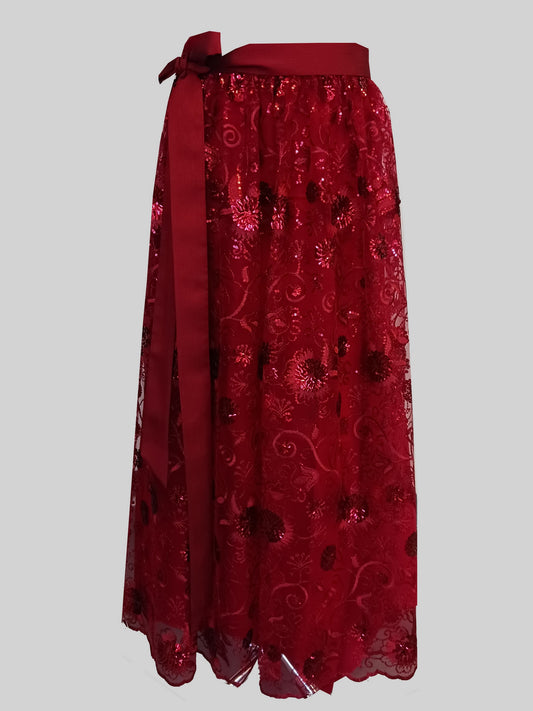 Damen Dirndlschürze franz. Spitze Blütenpailletten weinrot