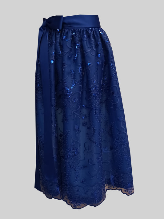 Damen Dirndlschürze franz. Spitze mit Blütenpailletten royalblau