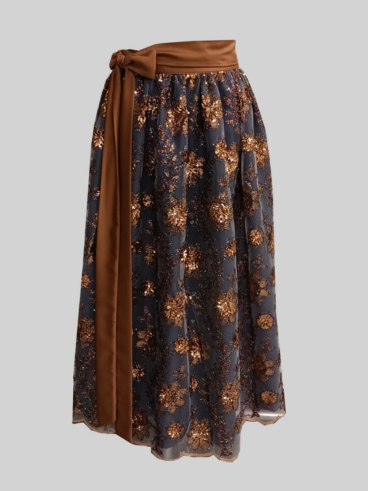 Damen Dirndlschürze Afrik. Spitzentüll mit goldenen Blütenpailletten