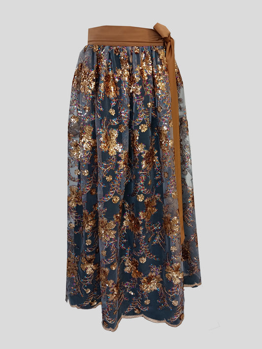 Damen Dirndlschürze Afrik. Spitzentüll mit Pailletten dunkelblau gold