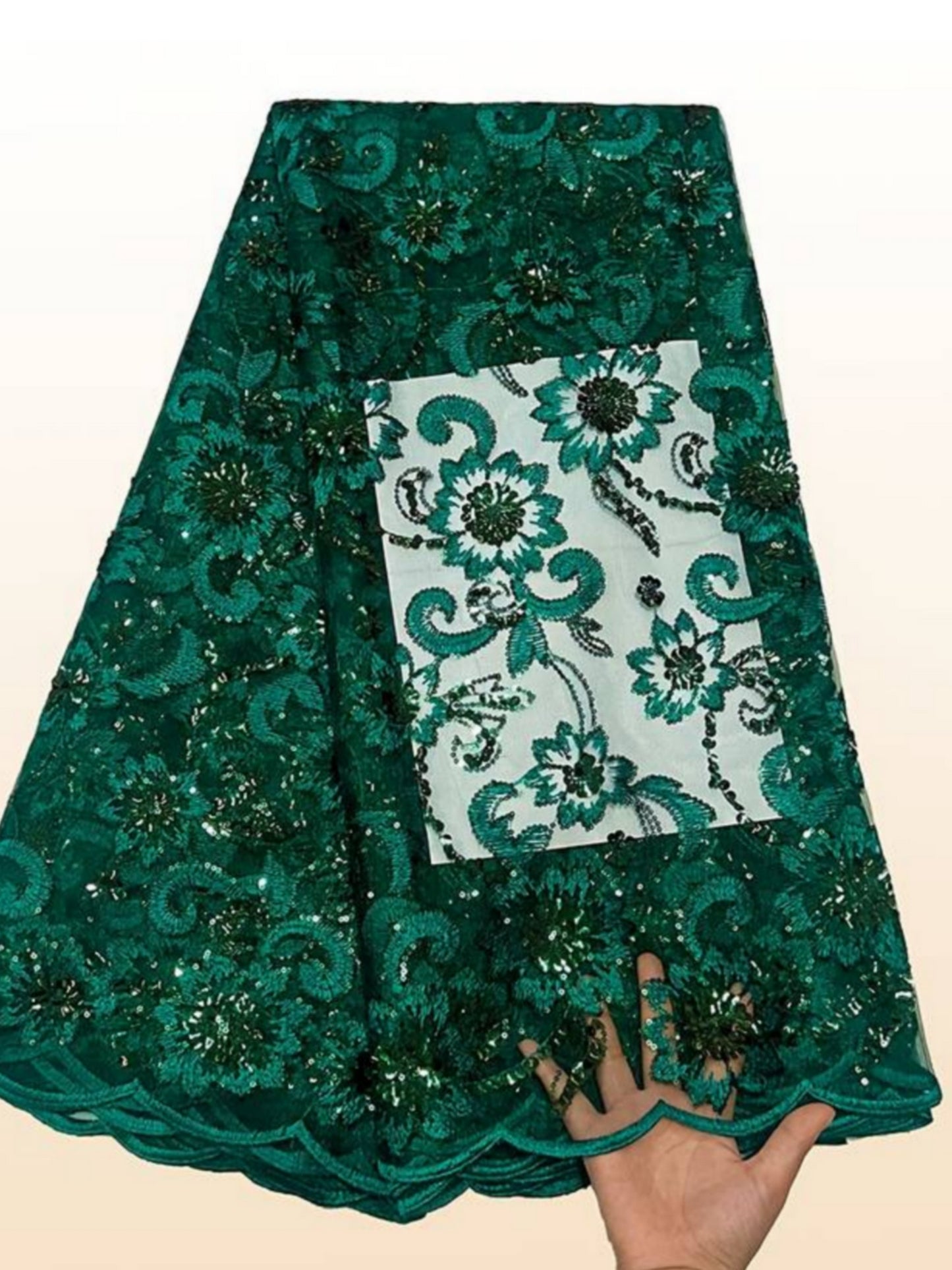 Damen Dirndlschürze Luxus Afrik. & Franz. Spitze_Pailletten_dunkelgrün