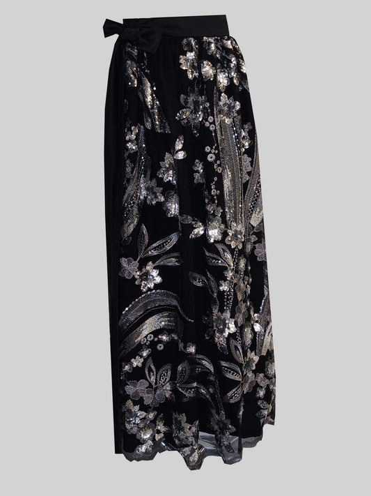 Damen Dirndlschürze Spitzen Mesh mit 3D-Blütenpailletten silber-schwarz