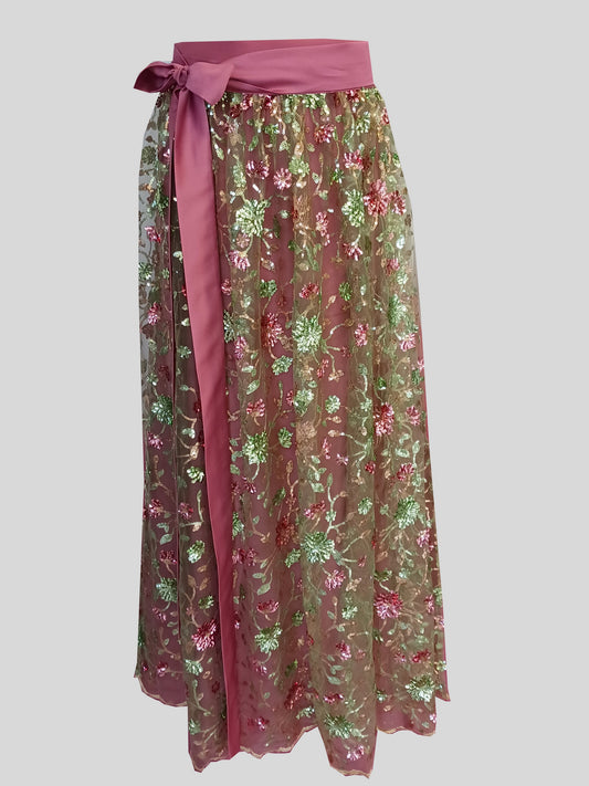 Damen Dirndlschürze Premium Spitze franz. Tüll Pailletten flowers mehrfarbig