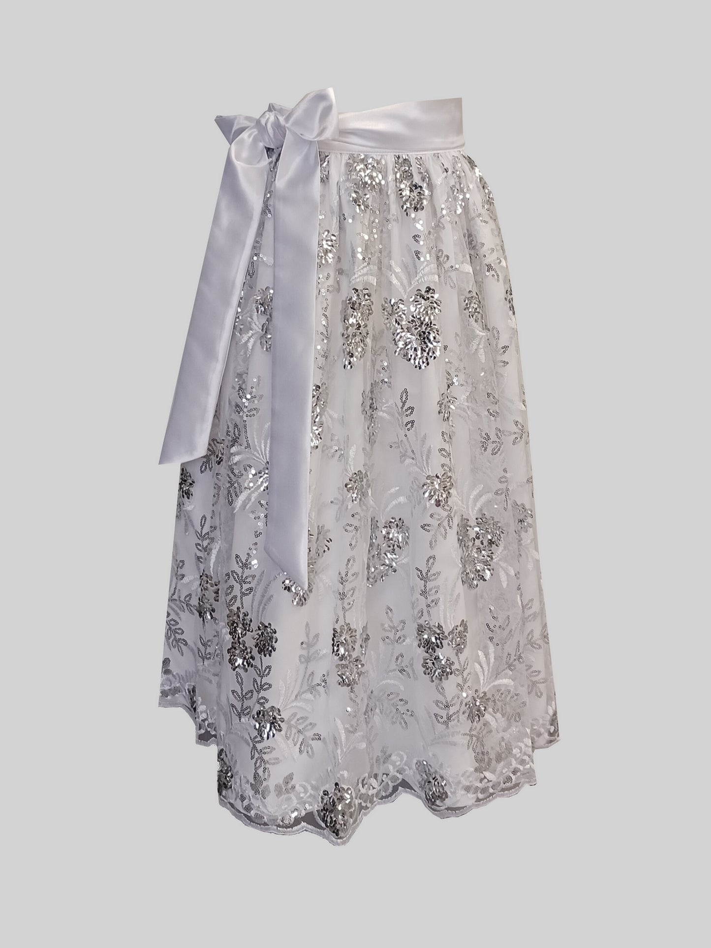 Damen Dirndlschürze franz. Spitze mit Pailletten weiß 3D silber Blüten
