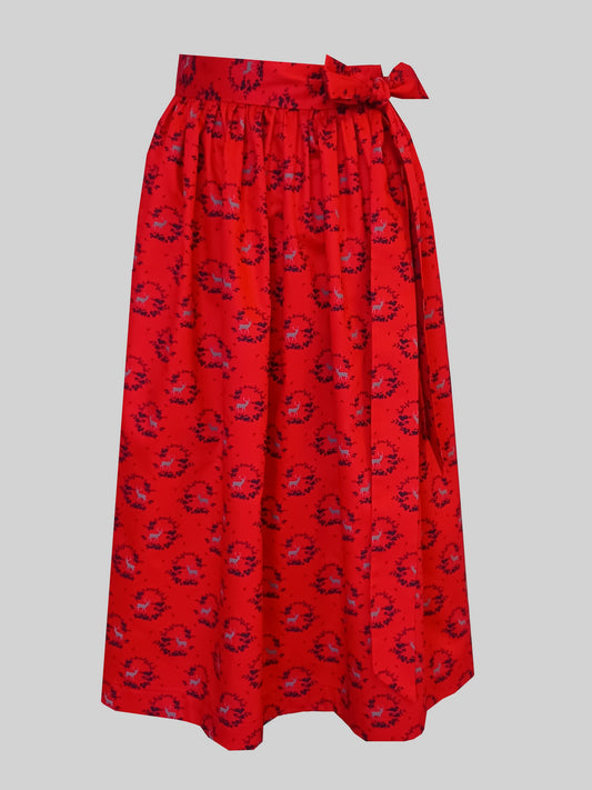 Damen Dirndlschürze Baumwolle leicht satiniert rot mit Hirschmotiv + Ranken