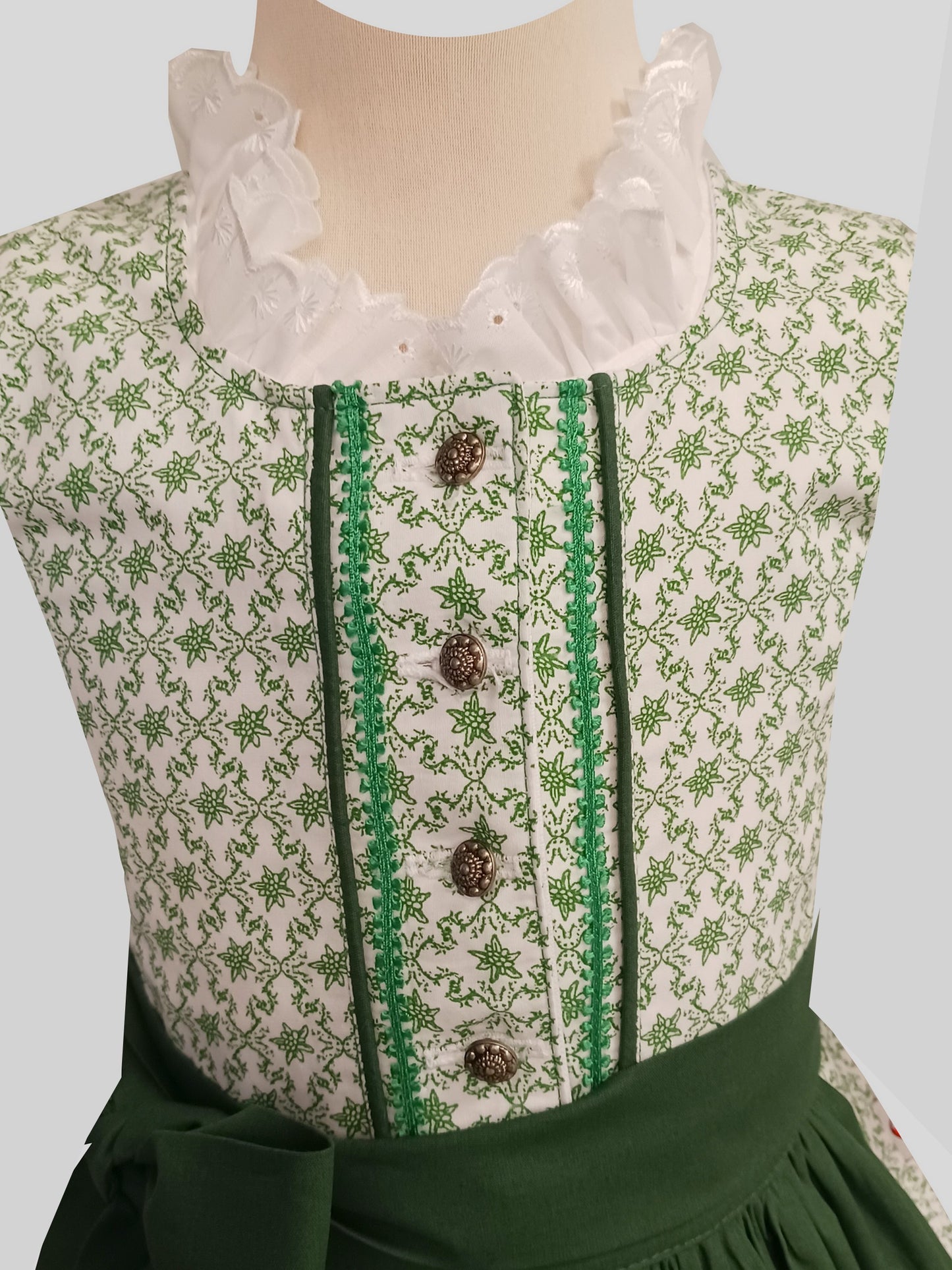 "GRACE" girls dirndl with green edelweiss with apron and blouse shirt