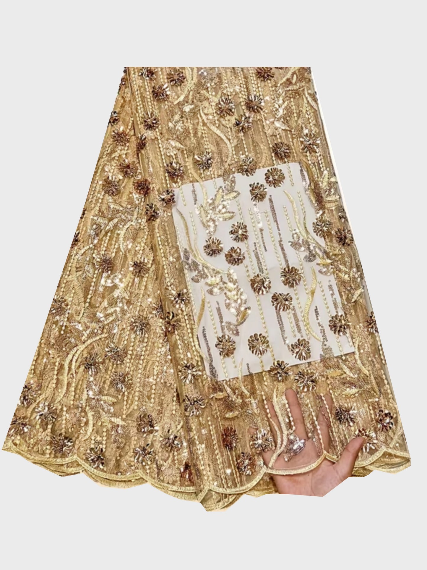 Damen Dirndlschürze "Premium-Line" Afrik. bestickter Spitzenstoff 3D Pailletten gold