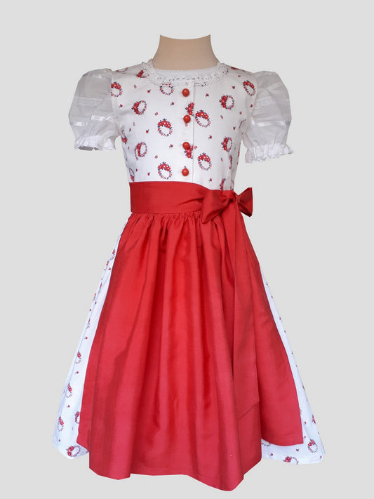 "Lorna" Kinderdirndl Mädchen Dirndl weiß rot mit Seidenschürze 110/116 - Sofortkauf!