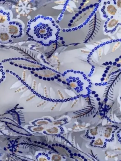 Damen Dirndlschürze Luxury afrikan. Spitze Tüll Pailletten flowers royalblau weiß