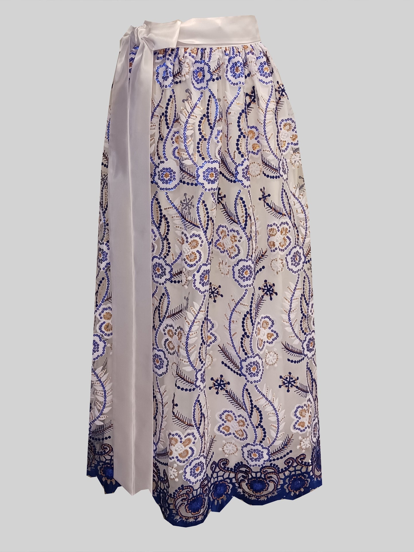 Damen Dirndlschürze Luxury afrikan. Spitze Tüll Pailletten flowers royalblau weiß