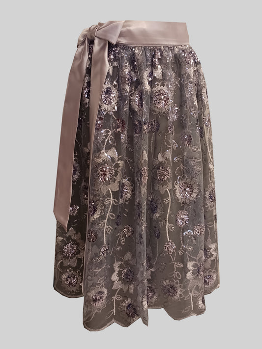 Damen Dirndlschürze franz. Tüll-Spitze mit Pailletten silber grau