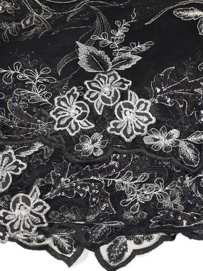 Damen Dirndlschürze "Premium-Line" Lux. Spitzen-Mesh-Stoff mit 3D Blüten-Applikation schwarz-silber