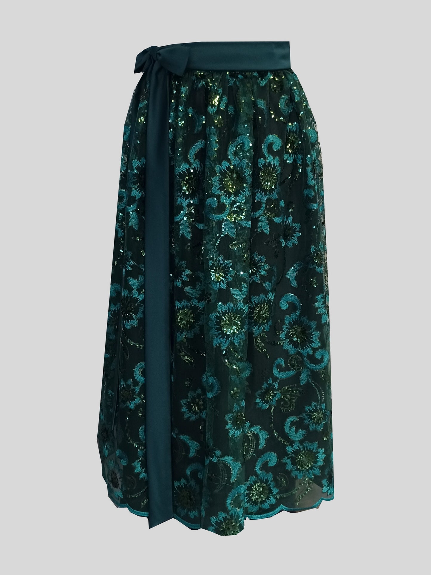 Damen Dirndlschürze Luxus Afrik. & Franz. Spitze_Pailletten_dunkelgrün