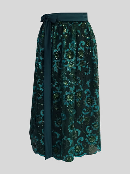 Damen Dirndlschürze Luxus Afrik. & Franz. Spitze_Pailletten_dunkelgrün