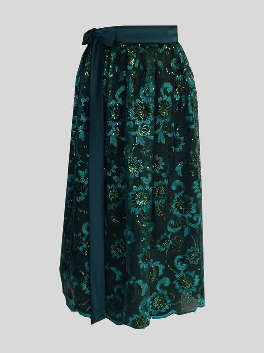 Damen Dirndlschürze Luxus Afrik. & Franz. Spitze_Pailletten_dunkelgrün