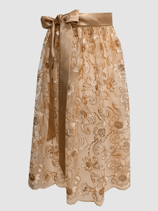 Damen Dirndlschürze afrikanische Mesh-Spitze mit Pailletten gold altgold