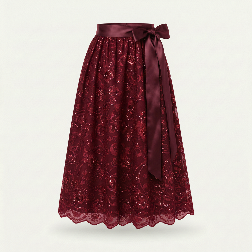 Dirndlschürze Weinrot – Spitze & Blütenpailletten