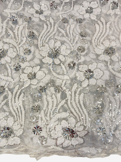 Damen Dirndlschürze franz.-afrik. Spitze mit Pailletten weiß 3D Blüten