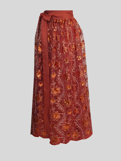 Damen Dirndlschürze 3D-Blumenstickerei-Spitze rost mit Pailletten