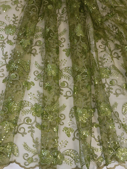 Damen Dirndlschürze franz. Spitze mit Blütenpailletten oliv 1-lagig M/60 - Sofortkauf!