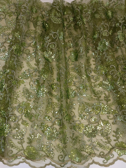 Damen Dirndlschürze franz. Spitze mit Blütenpailletten oliv 1-lagig M/60 - Sofortkauf!