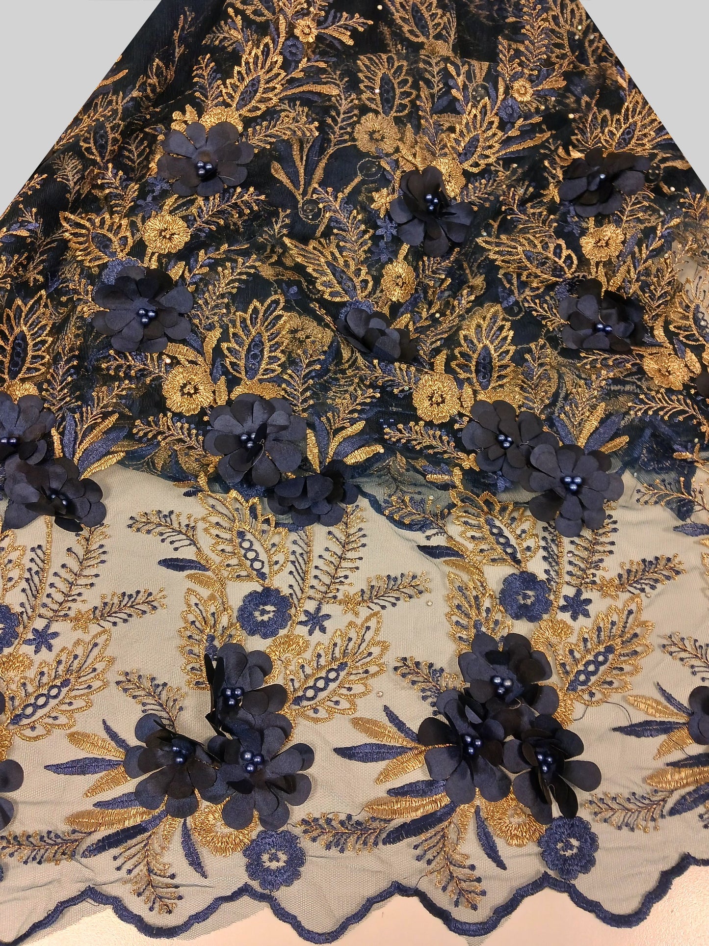 Damen Dirndlschürze Afrik. Tüll-Spitze mit Strass + Perlen + Blüten blau gold