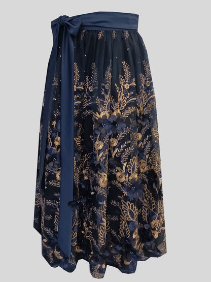 Damen Dirndlschürze Premium-Line Afrik. Tüll-Spitze mit Strass + Perlen + Blüten blau gold