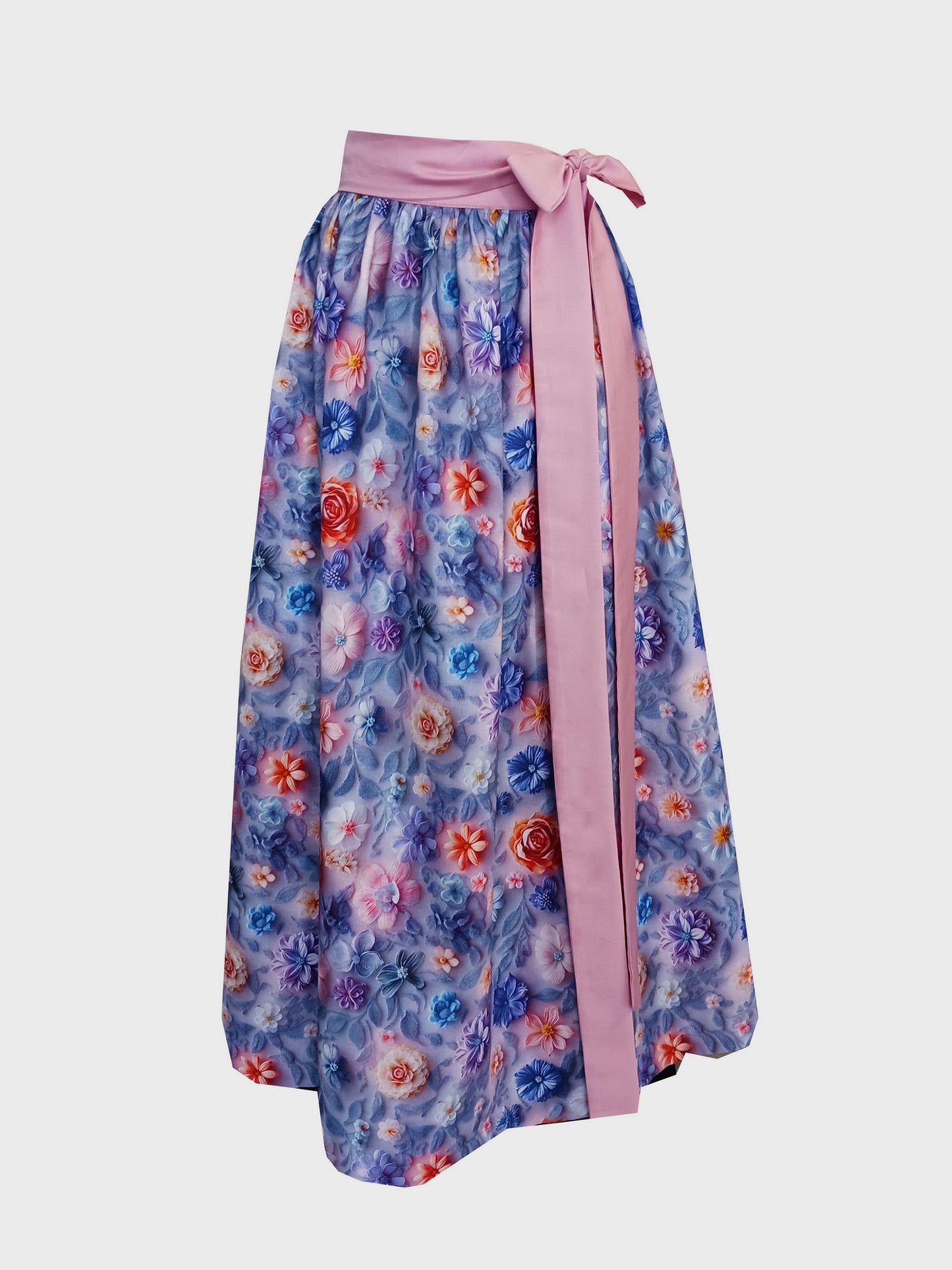 Damen Dirndlschürze Baumwolle Premium-Line Blumendruck 3D-Effekt blau-rosa mehrfarbig