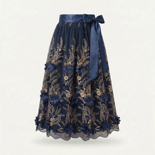 Dirndlschürze Blau Gold – Tüllspitze mit Blüten, Perlen & Strass