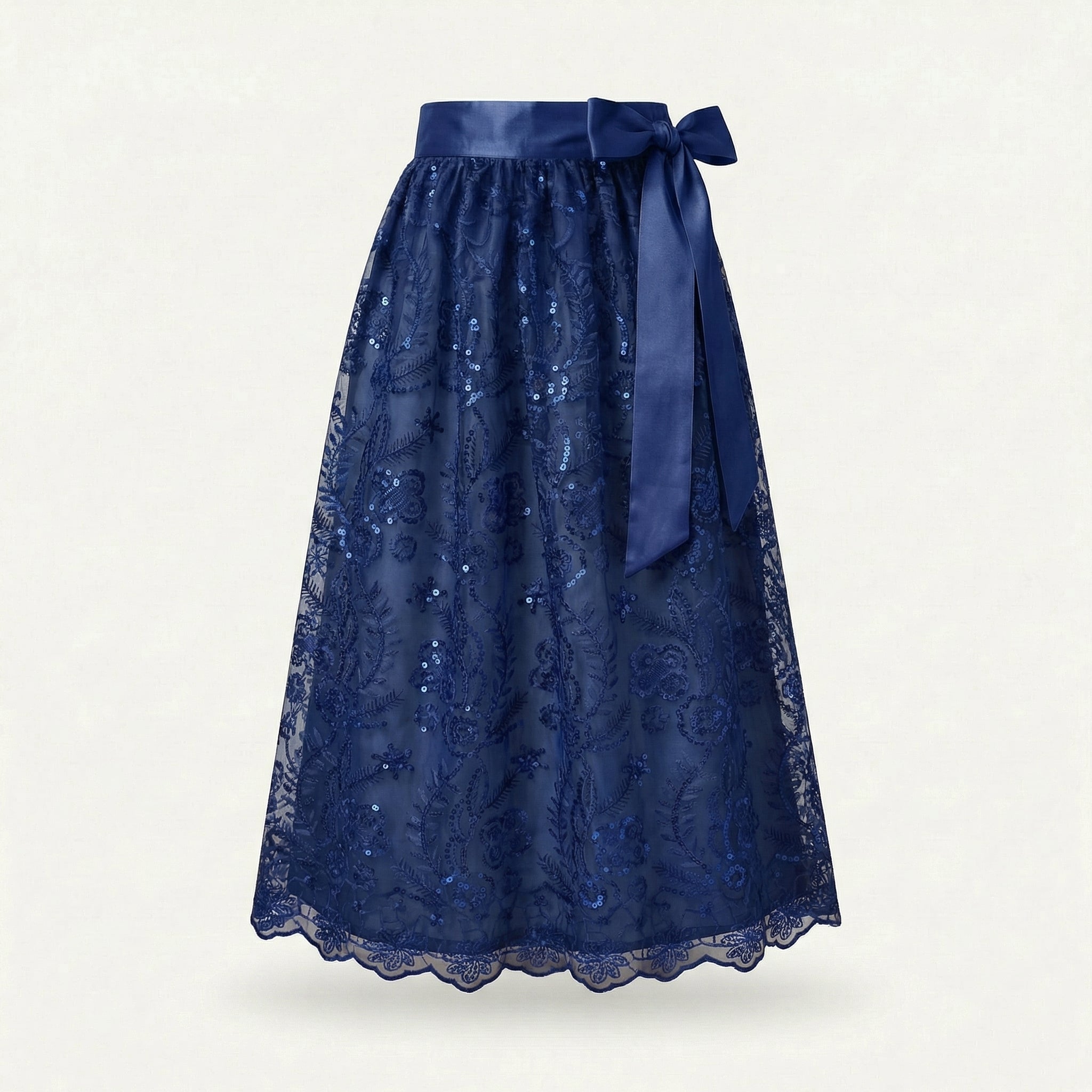 Dirndlschürze Royalblau – Spitze mit Blütenpailletten