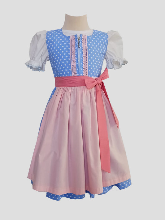 "Beatrice" Kinderdirndl Mädchen Dirndl hellblau weiße Herzen 98/104 -  Sofortkauf!