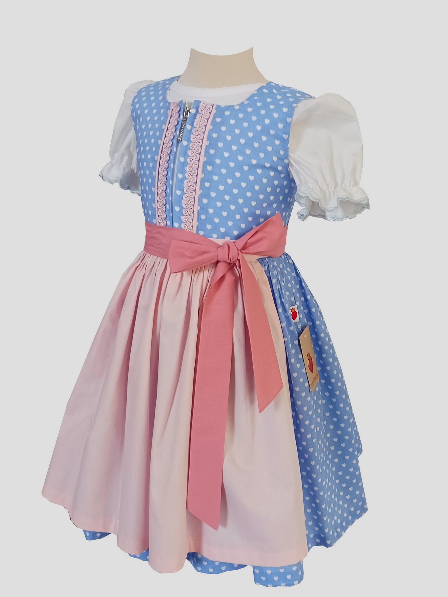 "Beatrice" Kinderdirndl Mädchen Dirndl hellblau weiße Herzen 98/104 -  Sofortkauf!