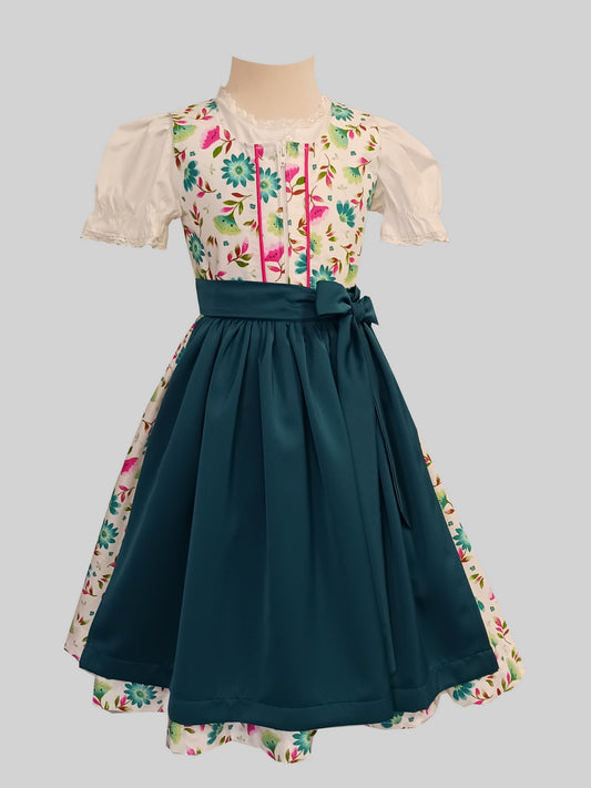 "Sakura" Kinderdirndl Mädchen Dirndl weiß petrol pink - Kollektion 2025! Limitierte Auflage