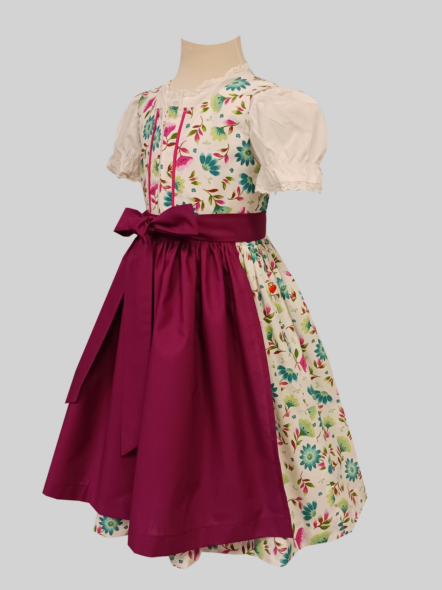 "Fiorella" Kinderdirndl Mädchen Dirndl weiß petrol pink - Kollektion 2025! Limitierte Auflage