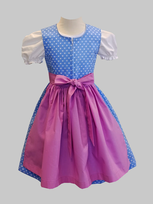 "Beatrice" Kinderdirndl Mädchen Dirndl hellblau weiße Herzen 98/104 -  Sofortkauf!