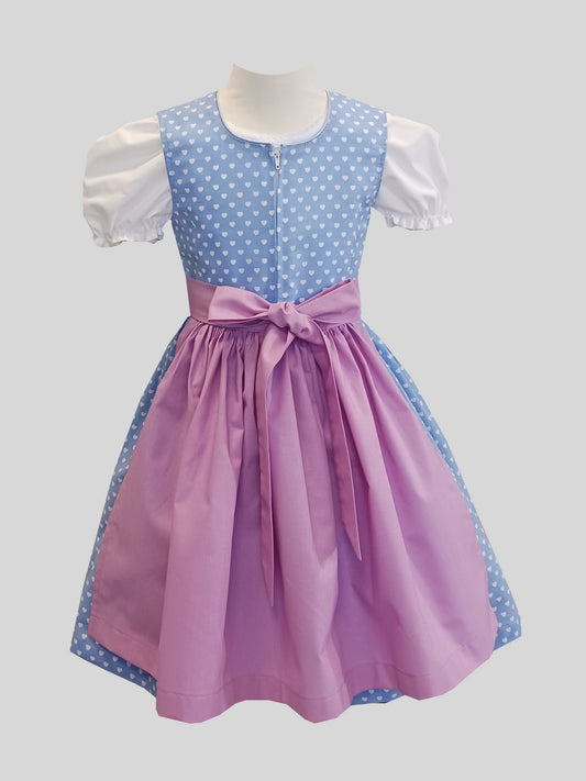"Beatrice" Kinderdirndl Mädchen Dirndl hellblau weiße Herzen 98/104 -  Sofortkauf!