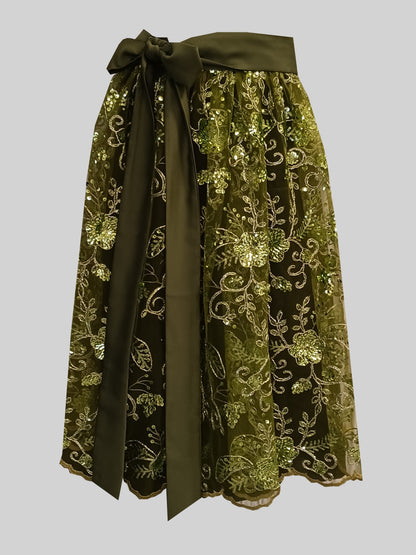 Damen Dirndlschürze franz. Spitze mit Blütenpailletten oliv 1-lagig M/60 - Sofortkauf!