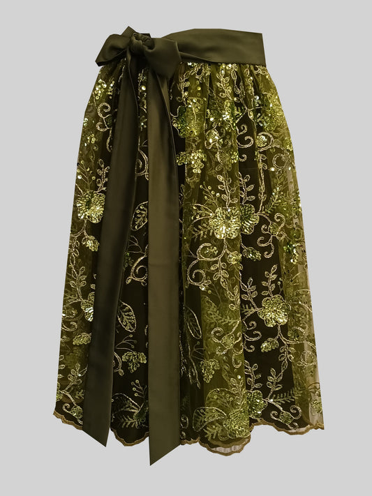 Damen Dirndlschürze franz. Spitze mit Blütenpailletten oliv 1-lagig M/60 - Sofortkauf!