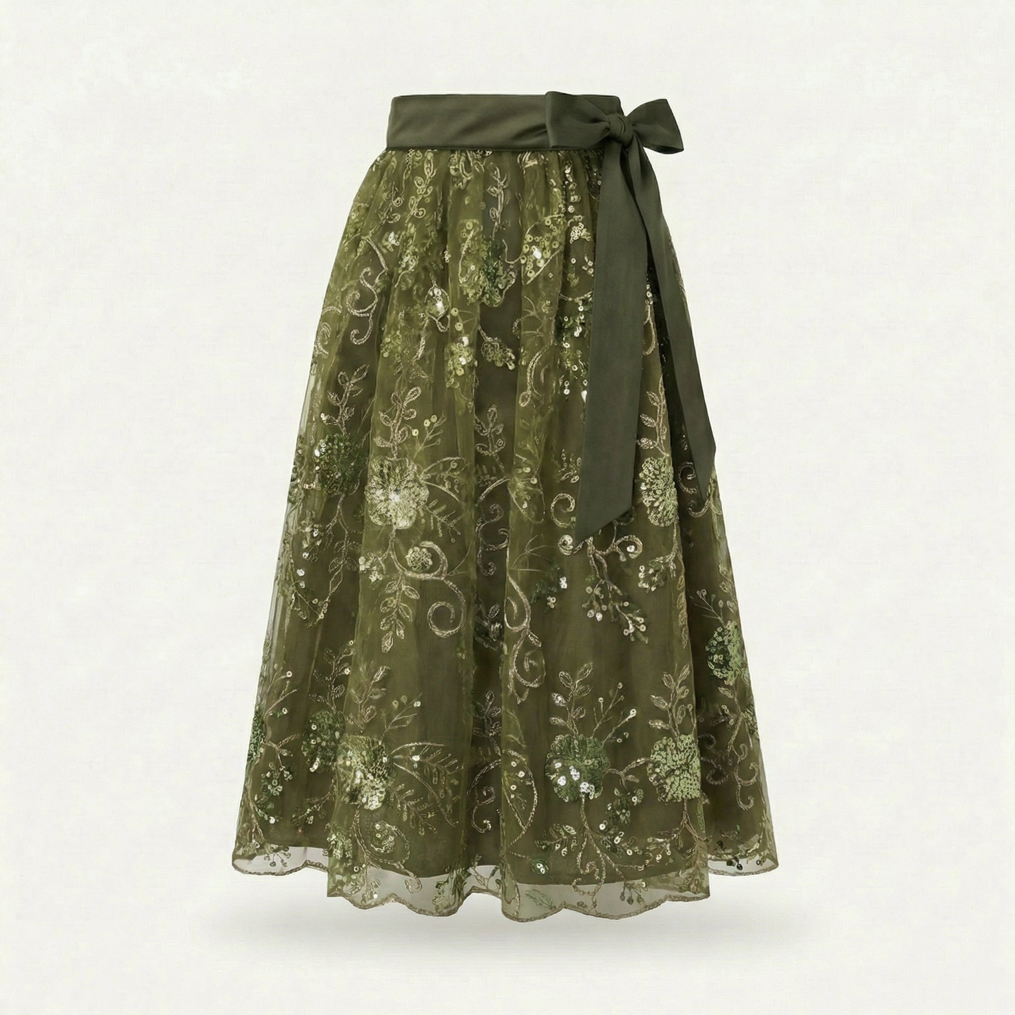 Dirndlschürze Oliv – Spitze mit Blütenpailletten